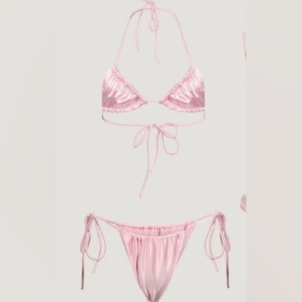 Divino Seas Mary rose inika Pink Satin Tie-String Bikini Set size large top /med
